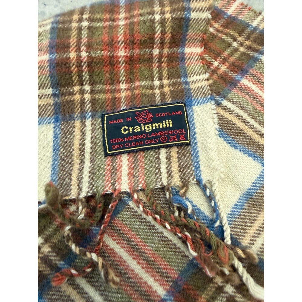 Craigmill Scarf Merino Lambswool Plaid Brown Green Blue Fringe 57 x 11 Scotland
